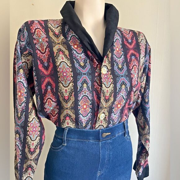 Vintage 70s Weldon Paisley Blouse Boho Disco Glam Contrast Collar M - Picture 1 of 7